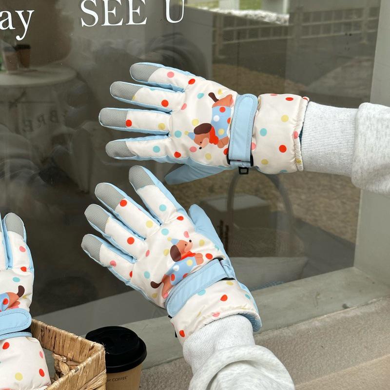 Женские зимние лыжные перчатки с мультяшным рисунком щенка: Сенсорный экран, ветрозащитный, с бархатной подкладкой, раздельными пальцами для езды на открытом воздухе.