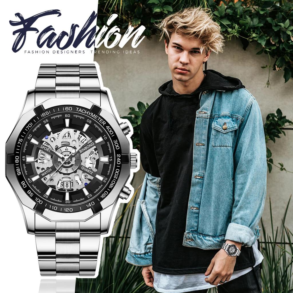 Скелетон Стильные 3ATM Водонепроницаемые Светящиеся Аналоговые Часы Календарь Ремешок Из Нержавеющей Стали Модные Часы Подарок На День Рождения Рождественский День Мужские Часы Мужские