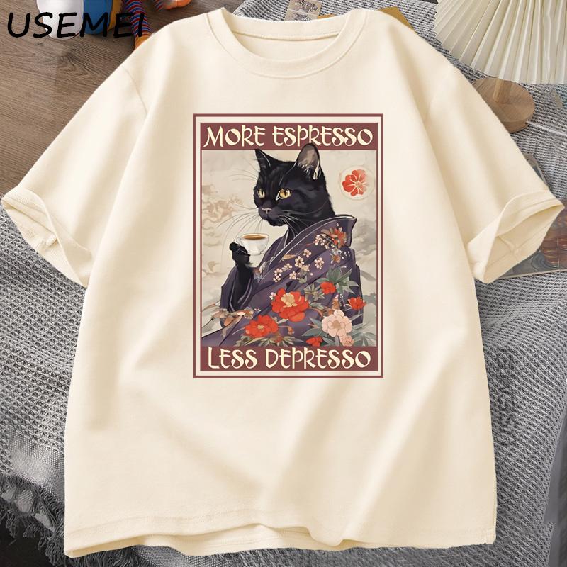 More Espresso Less Depresso Humorous TShirt Unisex Women Black Cat Coffee T Shirt Cotton Y2k Summer Loose Short Sleeve Tee