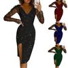 Women's Mesh Long-sleeved V-neck Sexy Slim-fit Midi-length Slit Dress