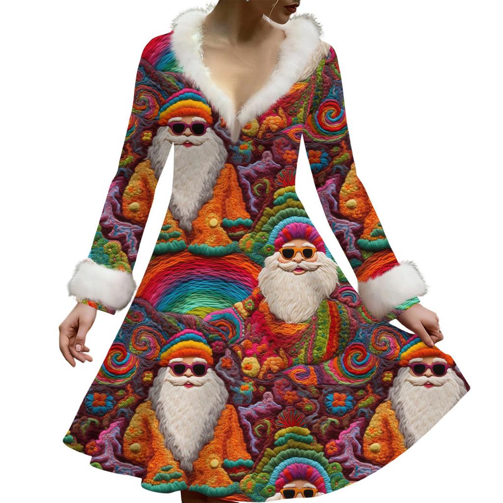 Женское повседневное платье с V-образным вырезом, рождественским принтом, плюшевыми длинными рукавами