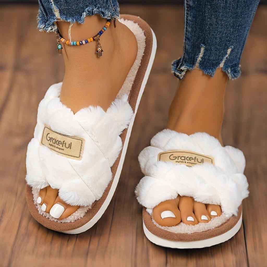 Теплые домашние тапочки Crisscross Fluffy, мягкая подошва с открытым носком, удобная обувь с плюшевой подкладкой, нескользящие бесшумные тапочки для зимы и осени