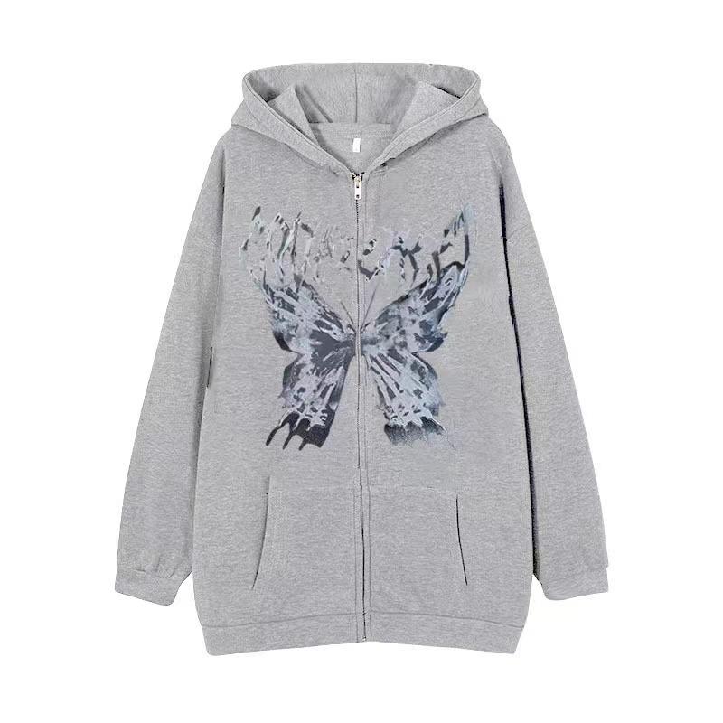 Dark Style Sweatshirt Ladies Hoodie Goth Couple Butterfly Skull Harajuku Large Size Zip Sweater