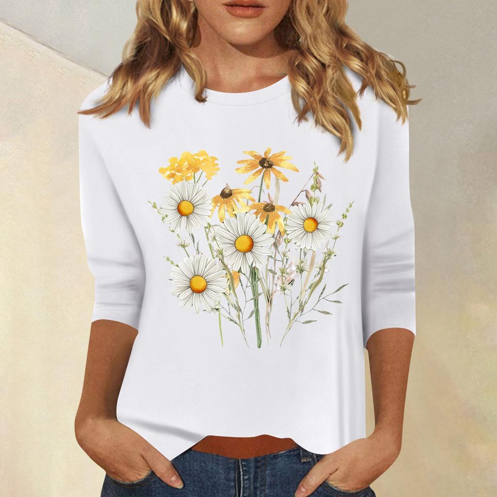 Women's Fashion Casual Printed Seven Sleeve Round Neck Top