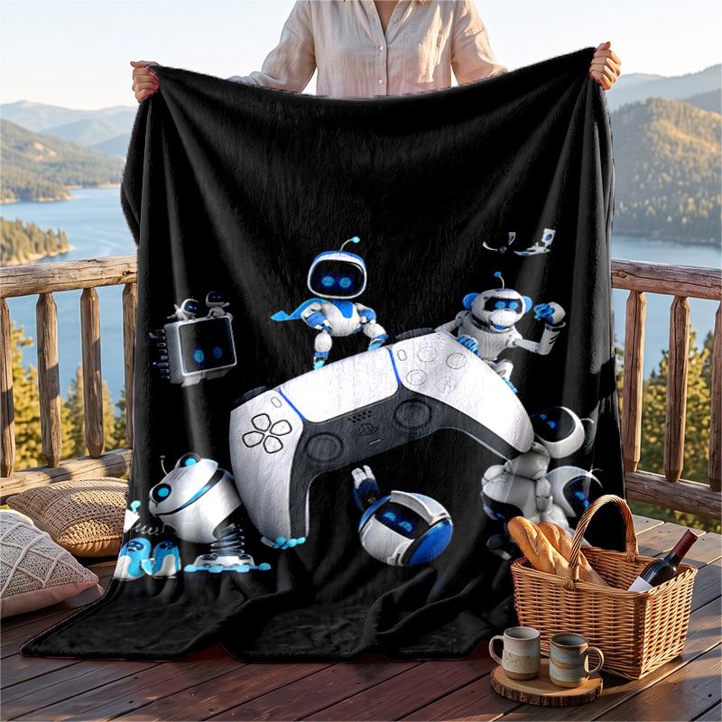 Warm Flannel Blanket Astro Bot Pattern, Lightweight Comfortable Throw Blanket for Bed Sofa Use