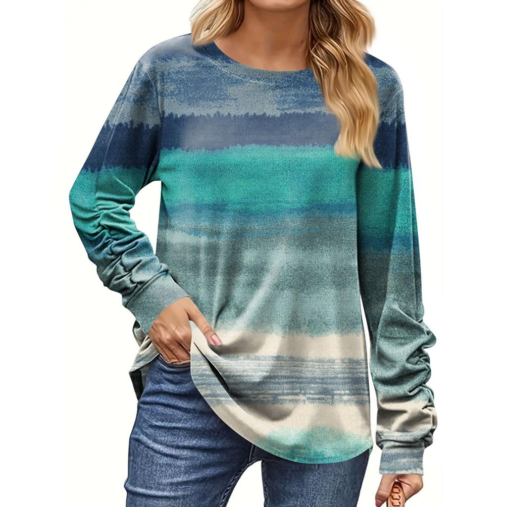 Women's Fashion Casual Long Sleeve Print Round Neck Pullover Top Blouse