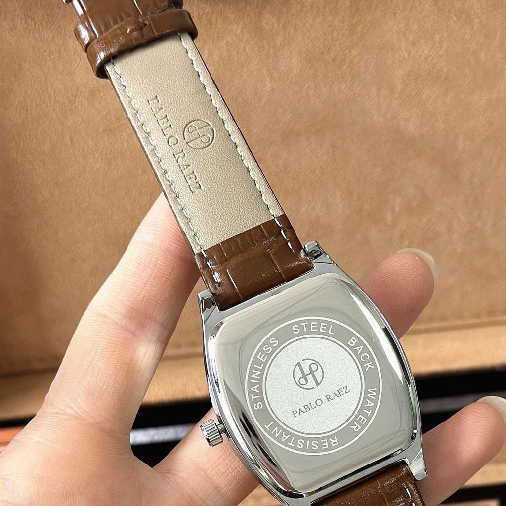 Pablo Raez Barrel Watch: Waterproof Leather Strap, Calendar, Casual Men's Style.