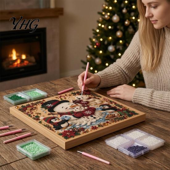 DIY Rhinestone Art Projects Christmas Faux Pearl Kit, Painting 8" x 8", Cartoon Framed Canvas Wall Crafts Snowman Animal Diamond Craft Kit for Adults,