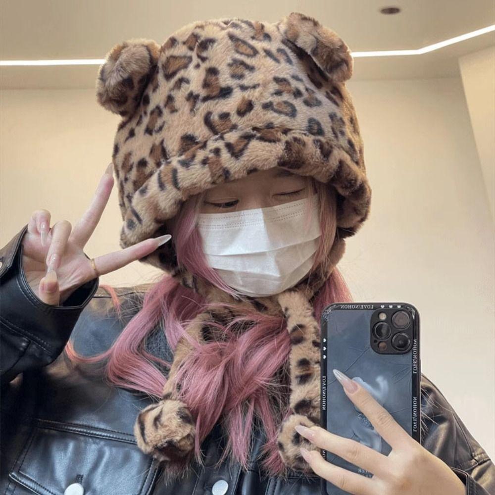 Korean Style Plush Bear Hat Leopard Print Ear Protection Hat Warm Cartoon Fleece Hat  Girls