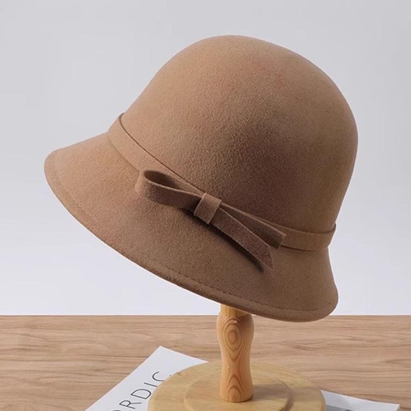 Autumn Winter French Bow Bucket Hat Women Sweet Felt Hat With Folded Shape