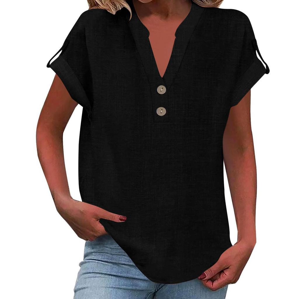 Women's Fashion Casual Solid Colour V-Neck Short Sleeve Button Down Shirt T-Shirt Top