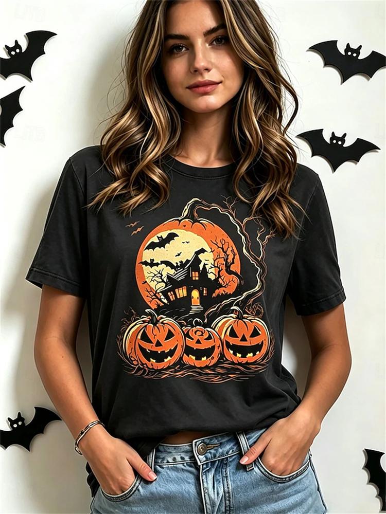 Women's Fashionable Casual Short-Sleeve Halloween T-Shirt with Spooky Skull Print and Round Neckline Perfect for Holiday Parties