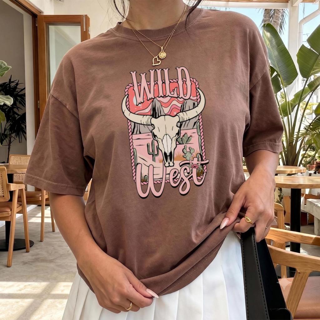 Wild West Bull Skull Shirt, Retro Pink Cowgirl Tee, Boho Desert Landscape Top, Western Rodeo Apparel, Cute Country Concert Gift
