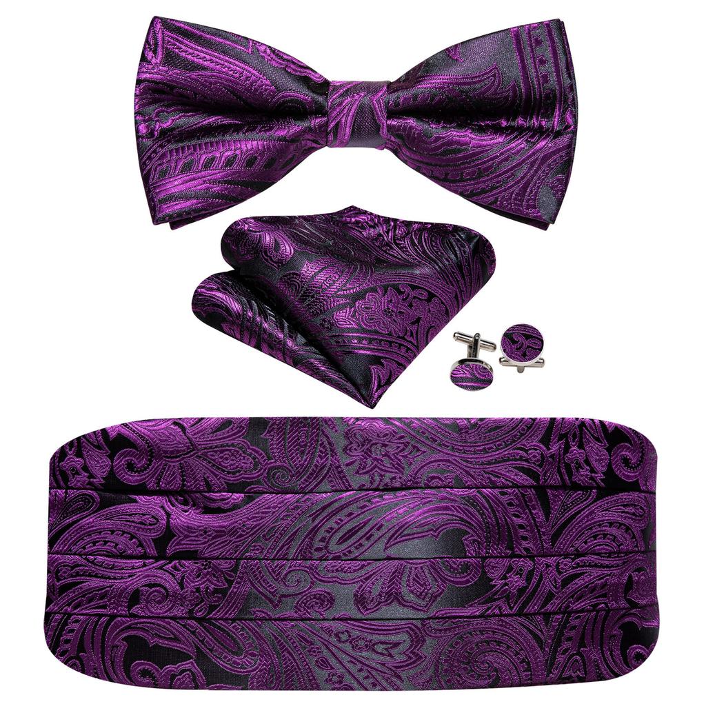 Barry.Wang Mens Cummerbund Belt and Bowtie Set Silk Pre Bow Tie Hanky Cufflink Set