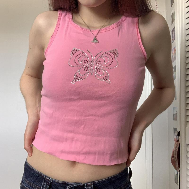 Y2k Printed Crop Top Women Vintage Knitted Rhinestone Kawaii Grunge Graphic Tank Tops Fairycore Sleeveless Sweats Cute Mini Vest