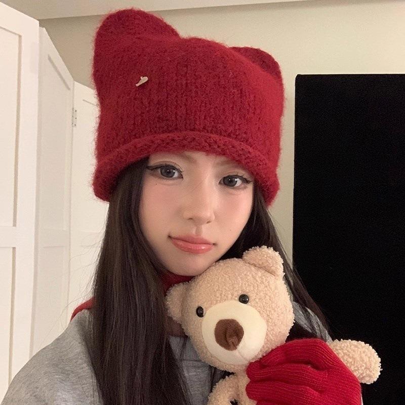Cute Cat Ear Plush Knit Beanie Hat For Women Autumn Winter Warm