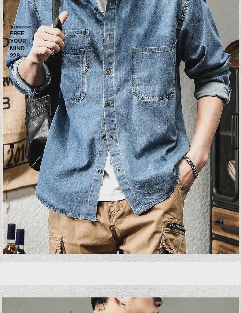 Мужская модная американская ретро-джинсовая рабочая куртка-рубашка с длинными рукавами