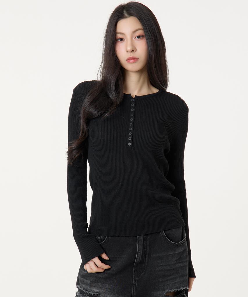 UNKNOWN PLANET Button Ribbed Knit Top Black