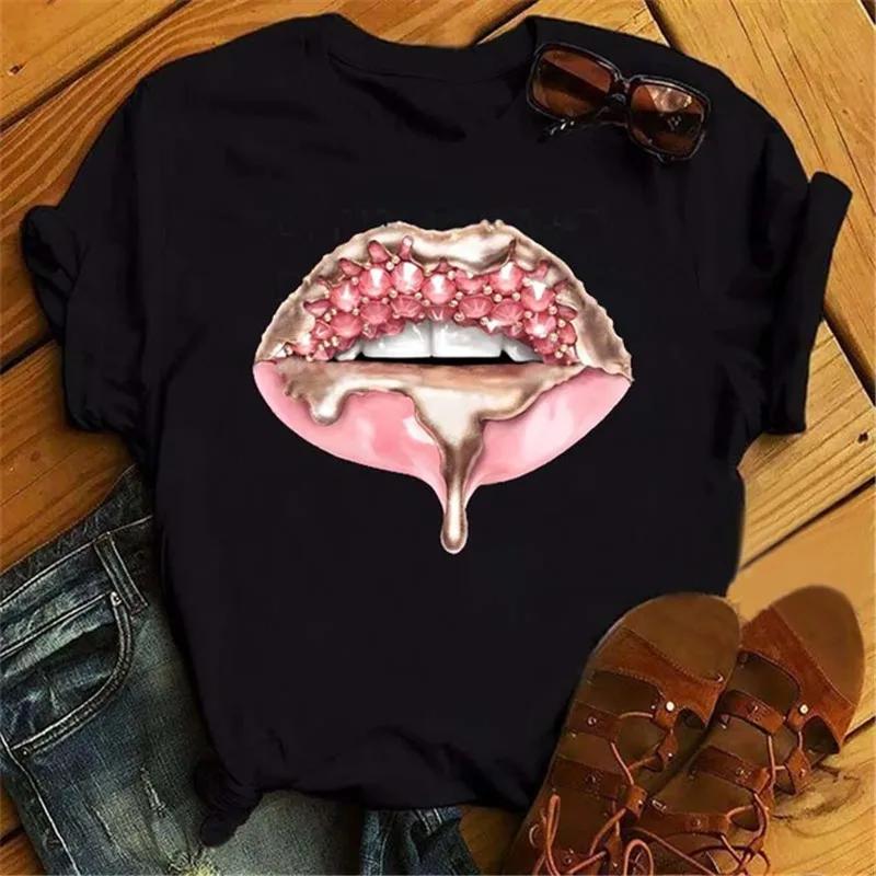 Модная женская футболка унисекс с принтом губ, повседневная, с коротким рукавом и круглым вырезом, свободная женская футболка, женская футболка, топы, одежда, женские футболки