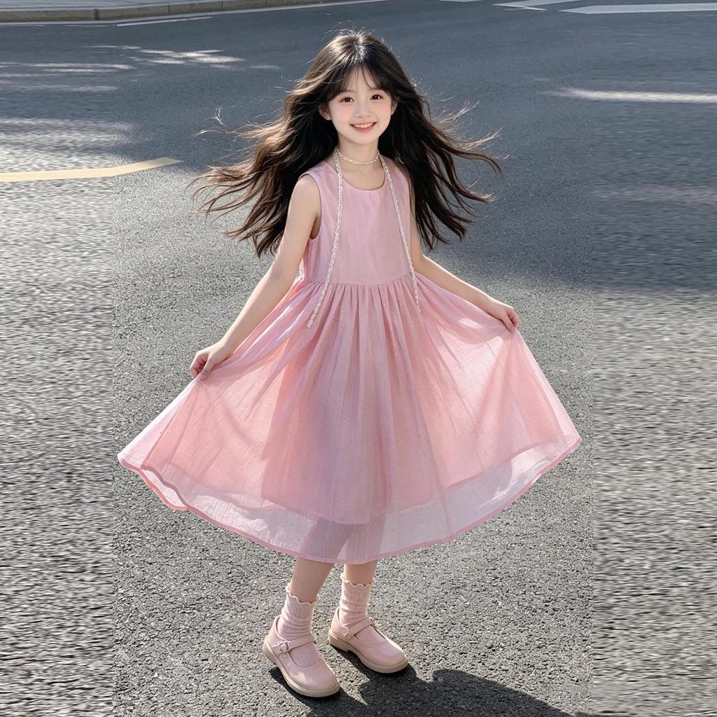 Girls' Pink Sparkly Princess Summer Dress - Stylish and Sweet for Older Children