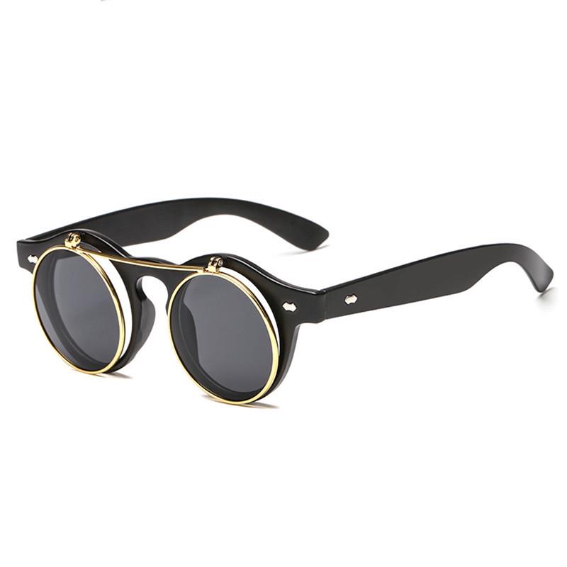 Double-Layer Flip-Up Round Steampunk Sunglasses - Retro European & American Trend