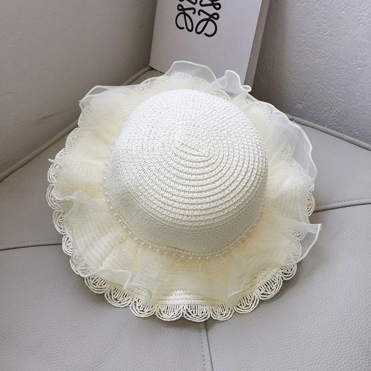 Girls Summer Straw Sun Hat With Pearl Lace Wide Brim Baby Beach Shade Cap Stylish UV Protection Outdoor Headwear