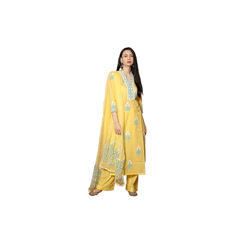GoSriKi Women's Cotton Blend Straight Hand Block Printed Kurta with Pant & Dupatta (Belagavi Mustard-GS_XL_Mustard_X-Lar