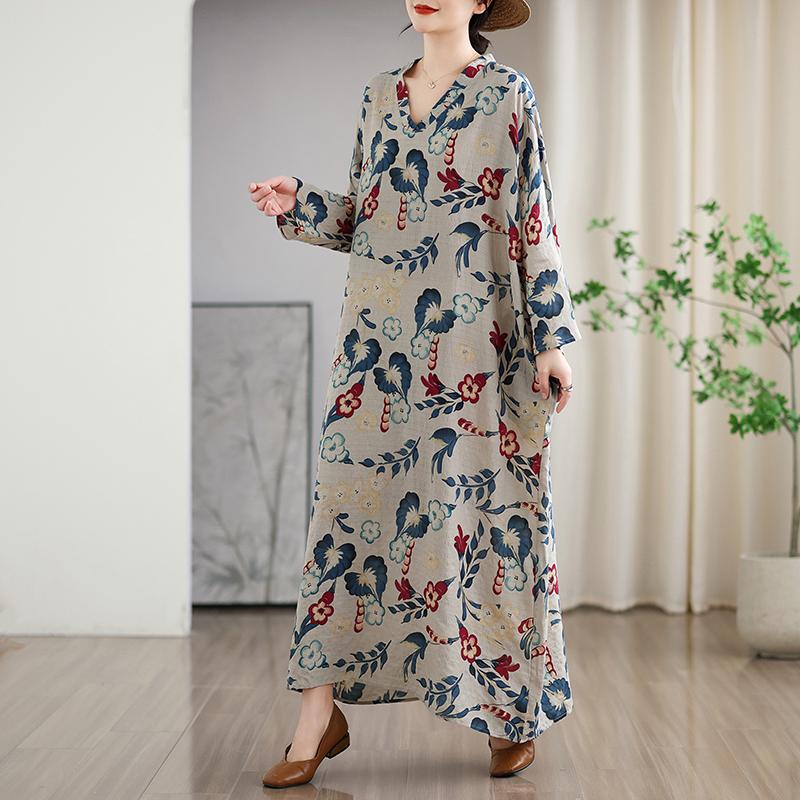 DIMANAF 2025 Женское длинное платье больших размеров на весну Свободное платье с цветочным принтом Базовое повседневное макси-платье для праздника Винтаж