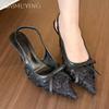 Mesh Bow Women Heeled Sandals High Heels Pointed Toe Slippers Slingback Shoes Summer 2025 New Trend Party Dress Sexy Pumps Mujer