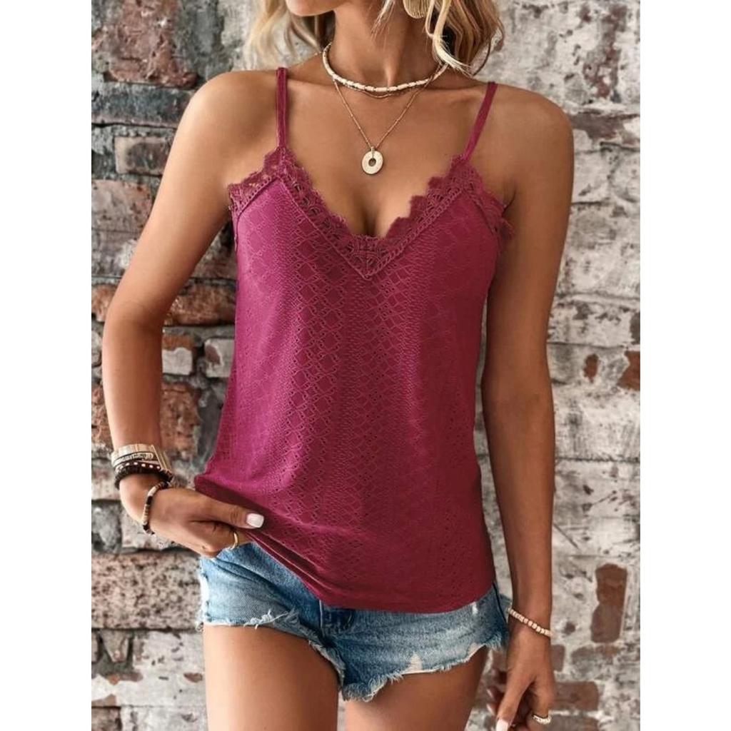 Летняя новая женская майка-топ на бретелях с V-образным вырезом и кружевом