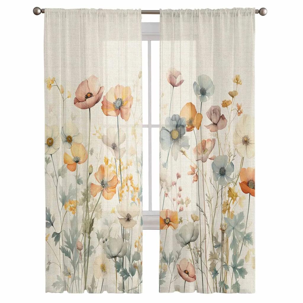 Винтажные прозрачные шторы с акварельными цветами и листьями для гостиной, кухни, оконные шторы, тюлевые занавески для спальни, вуали