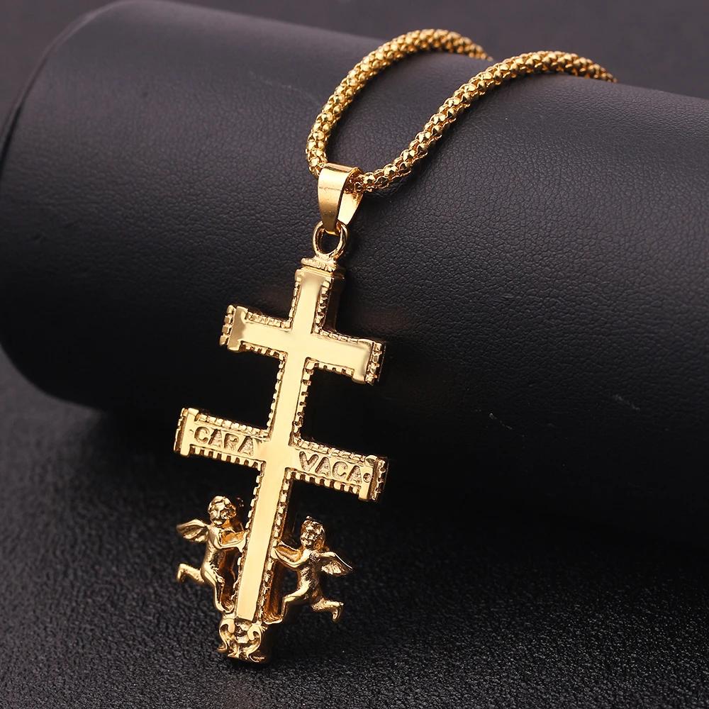 Catholic Caravaca Crucifix Cross Necklace Cherub Angel Pendant Christian Necklaces For Women Men Jewelry