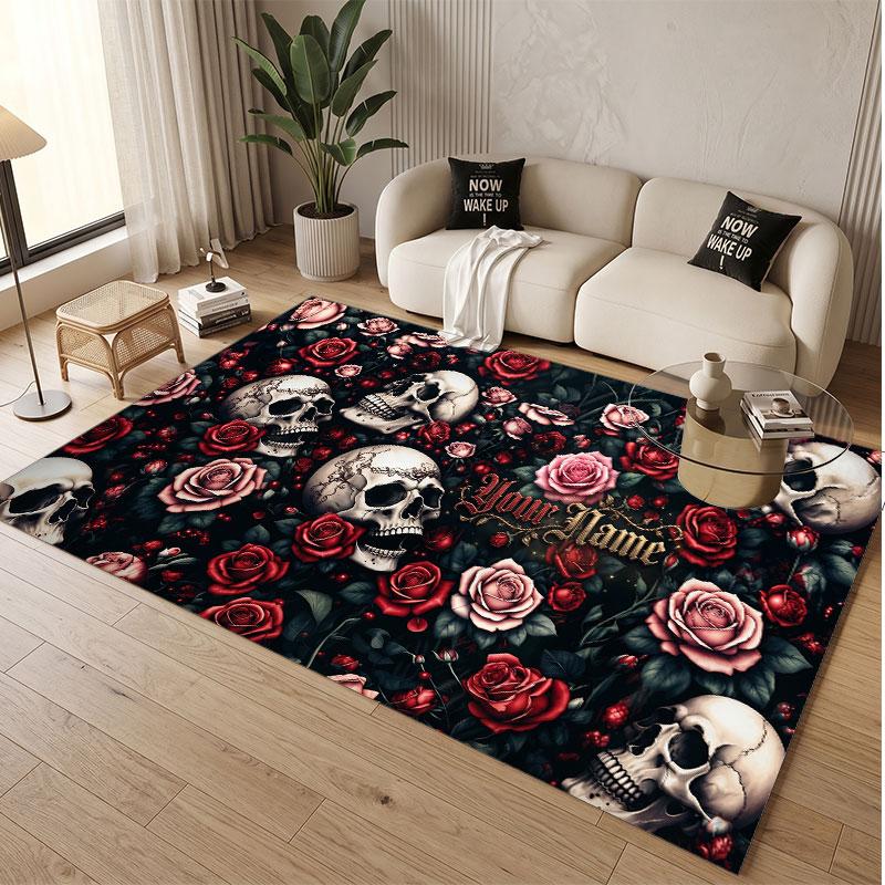 Skull Gothic Theme Soft Crystal Velvet Rug Custom Name & Text Print Non Slip Floor Rug for Bedroom Living Room