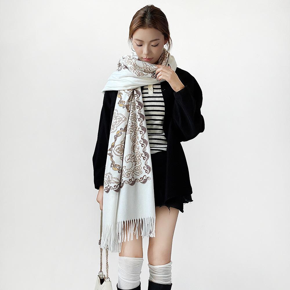 Autumn and Winter New High-grade Imitation Cashmere Scarf Women's Scarf Neck Warm Scarf Dual-purpose Embroidery Decorative Fringed Shawl