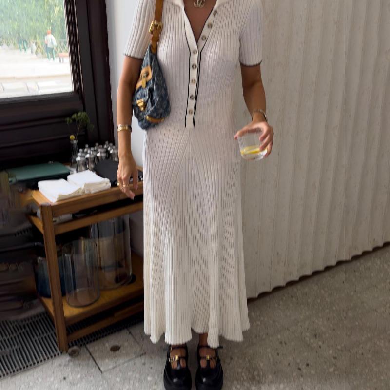 Вязаное платье макси для женщин, повседневное белое облегающее платье с отложным воротником и коротким рукавом, трикотажное платье в рубчик, женское уличное платье
