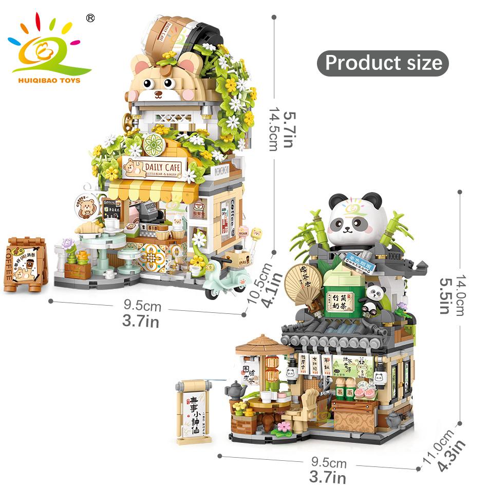 HUIQIBAO City Mini Street View Panda Tea House Модель Строительные блоки DIY Маленький медведь Кофейня Кирпичи Игрушки для детей и взрослых
