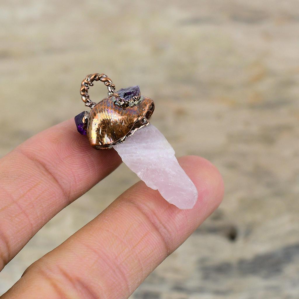 Rose Quartz Rough Pendant Electroformed Copper Pendant African Amethyst Rough Gemstone Pendant Electroformed Copper Jewelry Engagement Gift