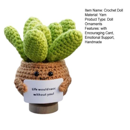 Positive Crochet Ball Cactus with Encouraging Card Emotional Support Handmade Knitting Potted Succulent Doll Toy Decoration Ornament