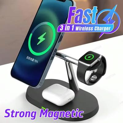 3 в 1 магнитное беспроводное зарядное устройство для телефона Magsafe для iPhone 16 15 14 13 12 Samsung /Galaxy Watch настольная док-станция для быстрой зарядки