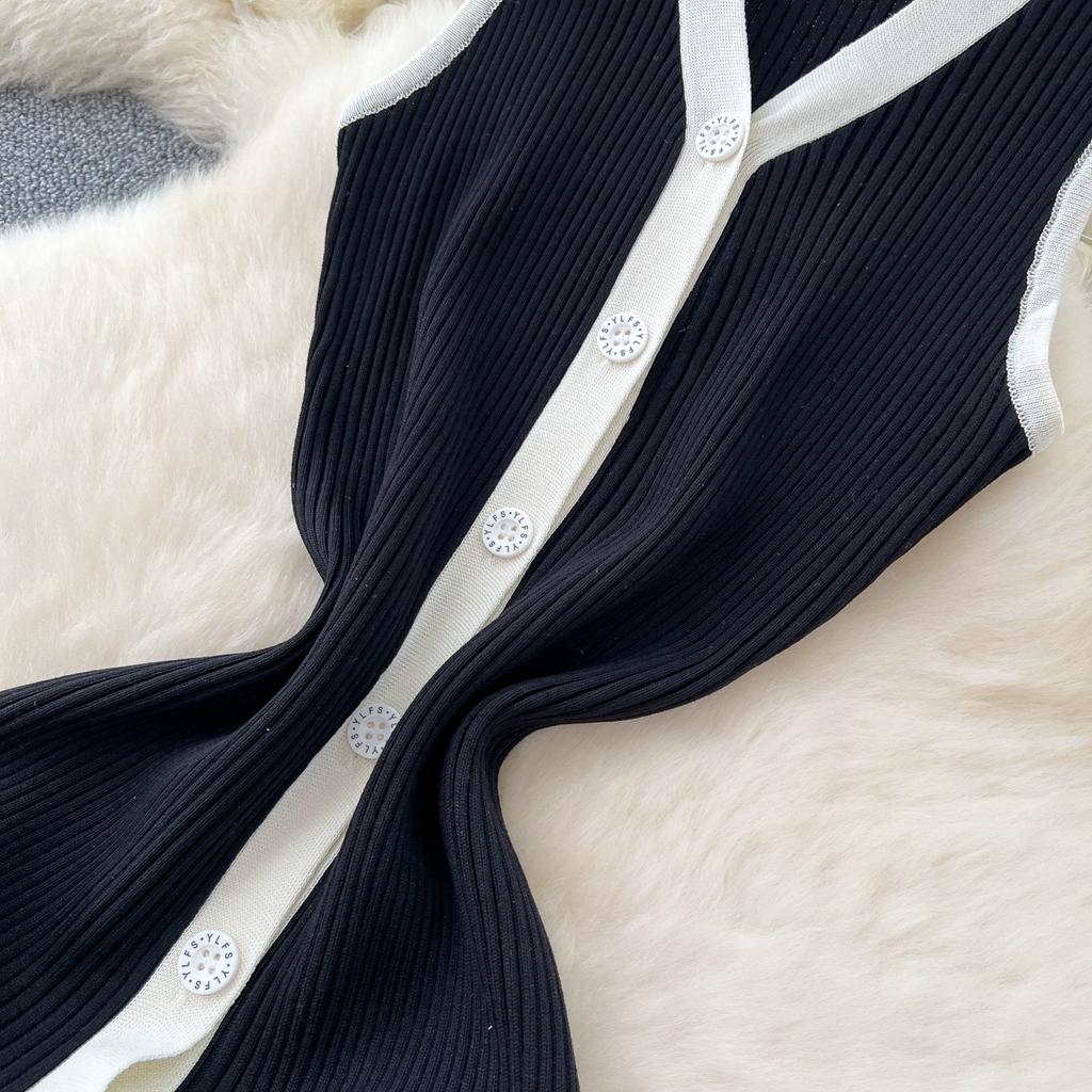 Summer Women Casual V-neck Sleeveless Single Breasted Knitted Sweater Long Midi Dresses