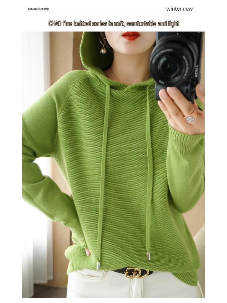 2025 Autumn/Winter Women's Hooded Knit Sweater - Long Sleeve, Solid Color, Loose Fit, Versatile Commuting Style