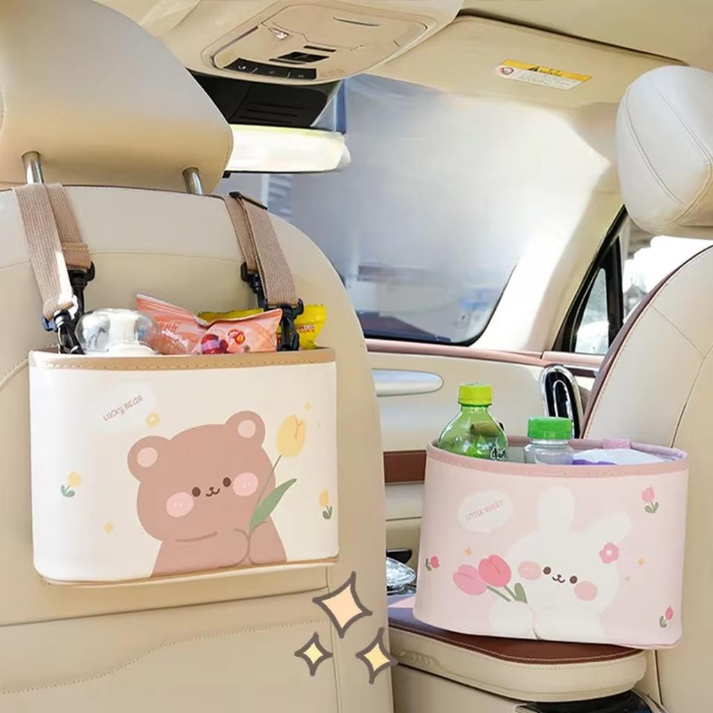 Cartoon Bear Car Trash Can Leather Printing Car Storage Bucket Hanging Multi-functional Car Storage Box