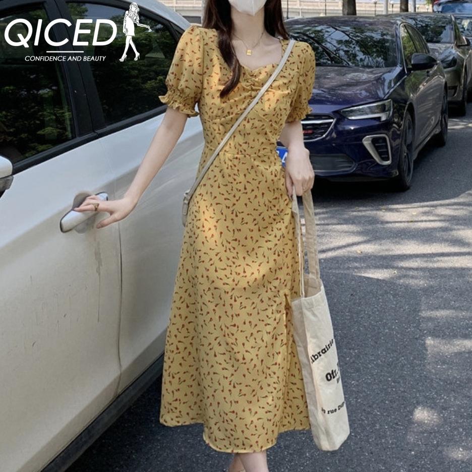 QICED Platycodon Tea Break Yellow Short Sleeve Floral Dress Women's Summer Dress Waist Chiffon Split Mid-length Skirt