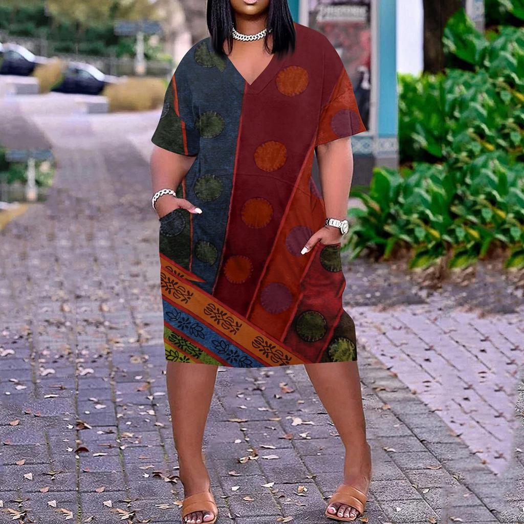 Лето плюс размер V-образным вырезом с короткими рукавами и карманами до колена с принтами повседневное платье для женщин