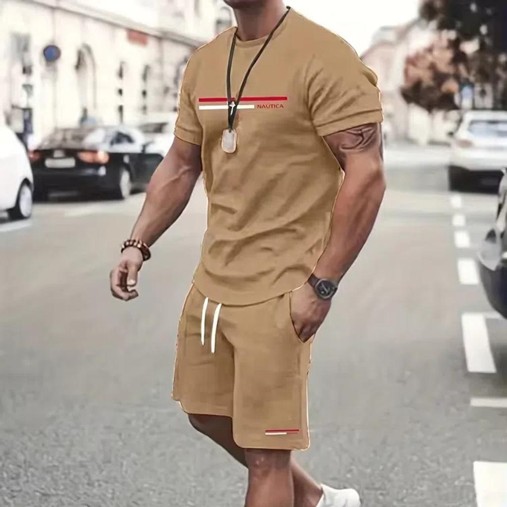Летний уличный мужской костюм с короткими рукавами, повседневный, повседневный, модный, с короткими рукавами, для активного отдыха, спортивные шорты, новаторский полосатый принт