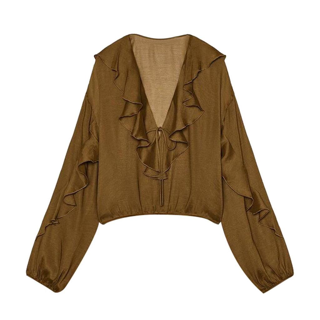 Элегантная женская рубашка ZA с V-образным вырезом, многослойными длинными рукавами и текстурой, 2025