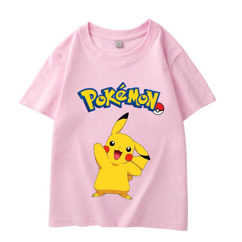 Summer Children's Playful Pikachu Print Short-sleeved Casual T-shirt for Boys and Girls, Comfortable and Soft.