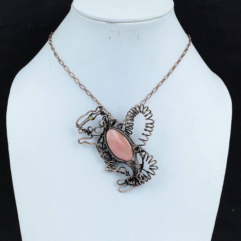 Розовый опаловый кулон из медного драгоценного камня, кулон с проволочной обмоткой, медные украшения ручной работы, красивый кулон в виде кролика, украшения с проволочной обмоткой для подарков