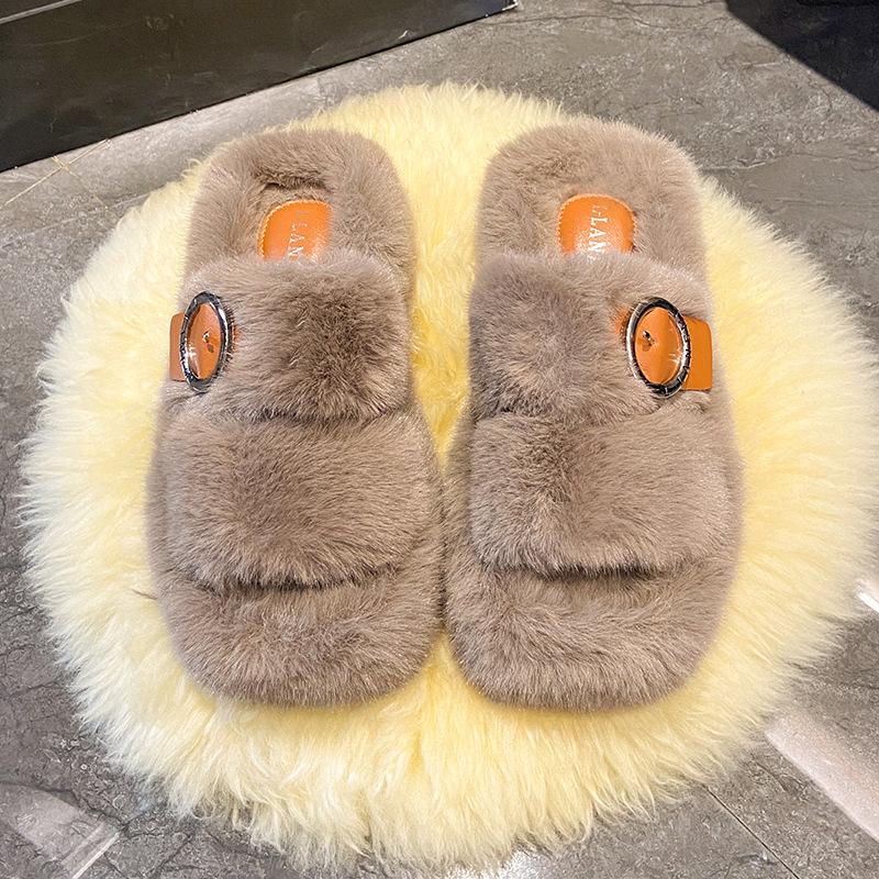 Осенние и зимние тапочки с квадратной головкой из меха, пряжка для ремня, модное утолщение, подчеркивающее внешний вид дома снаружи, теплые тапочки