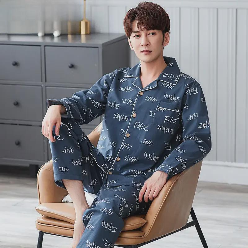 Мужская пижама-кардиган с лацканами, 100% хлопок, длинный рукав, на весну, лето и осень, размеры до 5XL